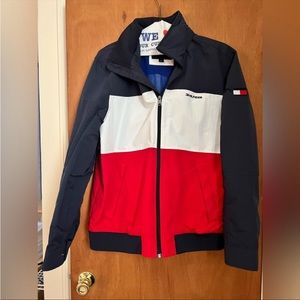 Tommy Hilfiger Men’s Size Large Bomber Jacket, Blue Red and White